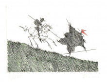 Paul Flora Radierung Don Quichote besiegt eine Scheuche
