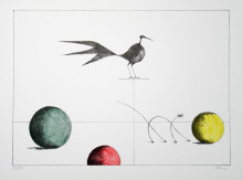 Paul Flora Lithographie Drei Kugeln, Vogel, dünne katze