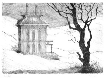 Paul Flora Lithographie Ein leeres Haus