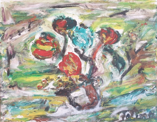 Fatima Ölbild Blumenvase 1989